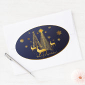 金ゴールドクリスマスツリーとトナカイ 楕円形シール (封筒)