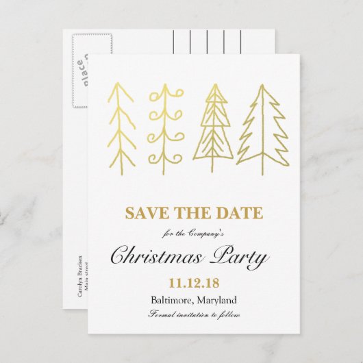 金ゴールドクリスマスツリーのクリスマスパーティー保存日付 案内ポストカード (正面/裏面)