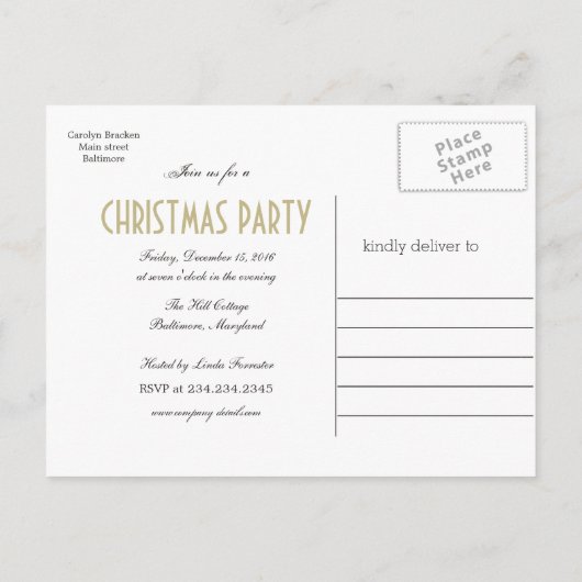 金ゴールドクリスマスツリーのクリスマスパーティー保存日付 案内ポストカード (裏面)