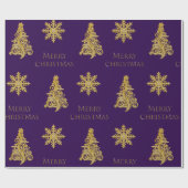 金ゴールドクリスマスツリーのスノーフレークを紫色のラッピング ラッピングペーパー (フラット)