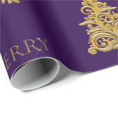 金ゴールドクリスマスツリーのスノーフレークを紫色のラッピング ラッピングペーパー (ロールコーナー)