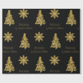 金ゴールドクリスマスツリーのスノーフレーク・オン・ブラック ラッピングペーパー (フラット)