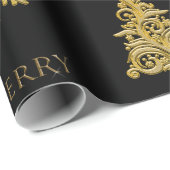 金ゴールドクリスマスツリーのスノーフレーク・オン・ブラック ラッピングペーパー (ロールコーナー)