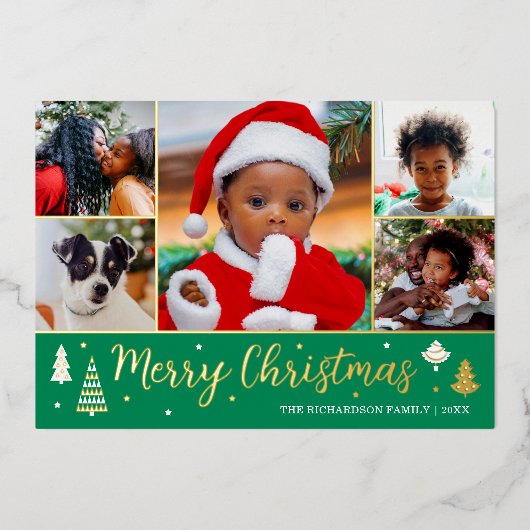 金ゴールドクリスマスツリーカスタムフォトグリーンラグジュアリー 箔シーズンカード (正面)
