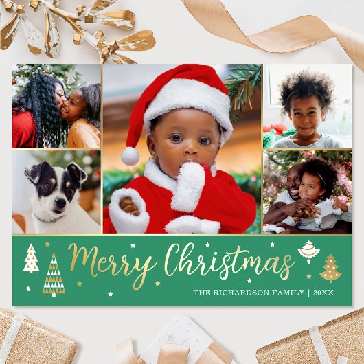 金ゴールドクリスマスツリーカスタムフォトグリーンラグジュアリー 箔シーズンカード