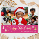 金ゴールドクリスマスツリーカスタムフォトピンクラグジュアリー 箔シーズンカード<br><div class="desc">豪華な金ゴールドフォイルのクリスマスカードで休日応援を広げる！6枚パーソナライズされたの写真と家族の名前と背中の挨拶。飾り木や星を使ったデザインで、フェスティバルスクリプトレタリングでは「メリークリスマス」という言葉が使われている。子供、家族、友人、ペットの写真に最適。カラー：ホットピンク、白実在色、ホイルエレメントの金ゴールド、銀またはバラ金ゴールド。</div>