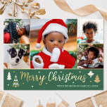 金ゴールドクリスマスツリーカスタムフォトフォレストグリーン 箔シーズンカード<br><div class="desc">豪華な金ゴールドフォイルのクリスマスカードで休日応援を広げる！6枚パーソナライズされたの写真と家族の名前と背中の挨拶。飾り木や星を使ったデザインで、フェスティバルスクリプトレタリングでは「メリークリスマス」という言葉が使われている。子供、家族、友人、ペットの写真に最適。色：森の緑、白とホイルの要素実在、金ゴールド、銀またはバラ金ゴールド。</div>