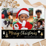 金ゴールドクリスマスツリーカスタムフォトブラックラグジュアリー 箔シーズンカード<br><div class="desc">豪華な金ゴールドフォイルのクリスマスカードで休日応援を広げる！6枚パーソナライズされたの写真と家族の名前と背中の挨拶。飾り木や星を使ったデザインで、フェスティバルスクリプトレタリングでは「メリークリスマス」という言葉が使われている。子供、家族、友人、ペットの写真に最適。カラー：金ゴールド、銀または実在バラ金ゴールドの黒、白および箔の要素。</div>