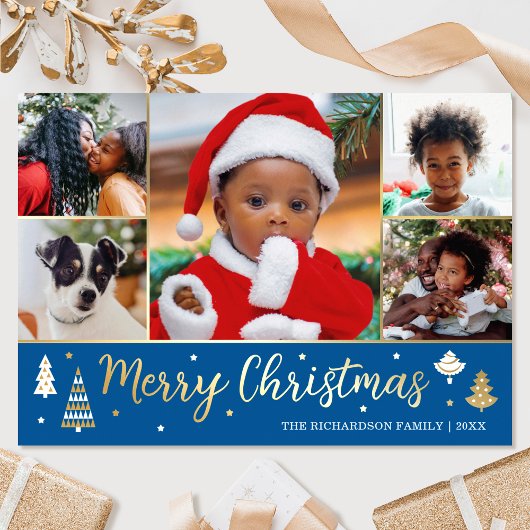 金ゴールドクリスマスツリーカスタムフォトブルーラグジュアリー 箔シーズンカード