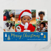 金ゴールドクリスマスツリーカスタムフォトブルーラグジュアリー 箔シーズンカード (正面)