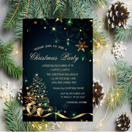 金ゴールドクリスマスツリーグリーン雪片クリスマス 招待状