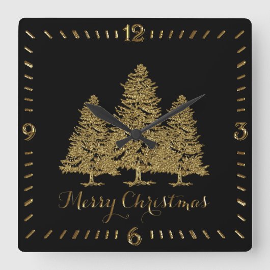 金ゴールドクリスマスツリーズスクエアウォールクロック スクエア壁時計 (正面)