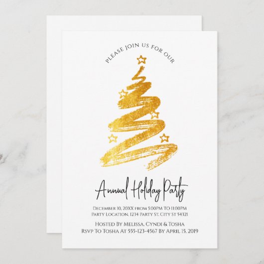 金ゴールドクリスマスツリーホリデーパーティー招待状 招待状 (正面/裏面)