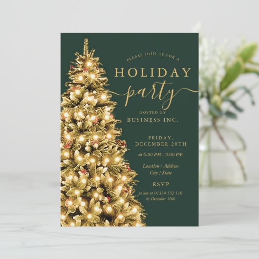 金ゴールドクリスマスツリー企業のホリデーパーティグリーン 招待状 (スタンド正面)