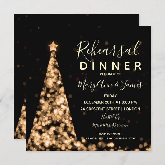 金ゴールドクリスマスツリー結婚のリハーサルディナー 招待状 (正面/裏面)
