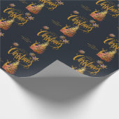 金ゴールドクリスマスツリー&ディアダークブルーパーソナライズされた ラッピングペーパー (角)