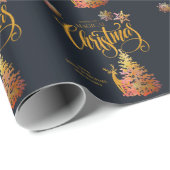 金ゴールドクリスマスツリー&ディアダークブルーパーソナライズされた ラッピングペーパー (ロールコーナー)