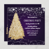 金ゴールドクリスマスツリ輝くースターパーティー紫 招待状 (正面/裏面)