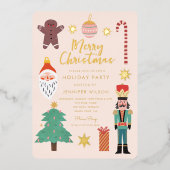 金ゴールドクリスマスティーズホリデーサンタファミリーフォト 箔招待状 (正面)
