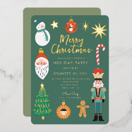 金ゴールドクリスマスティーズホリデーサンタファミリーフォト 箔招待状