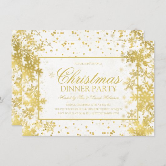 金ゴールドクリスマスディナーパーティー冬の雪片 招待状 (正面/裏面)