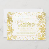 金ゴールドクリスマスディナーパーティー冬の雪片 招待状 (正面)