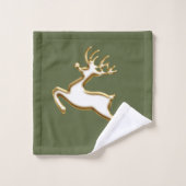 金ゴールドクリスマストナカイを森の緑に バスタオルセット (ウォッシュタオル)