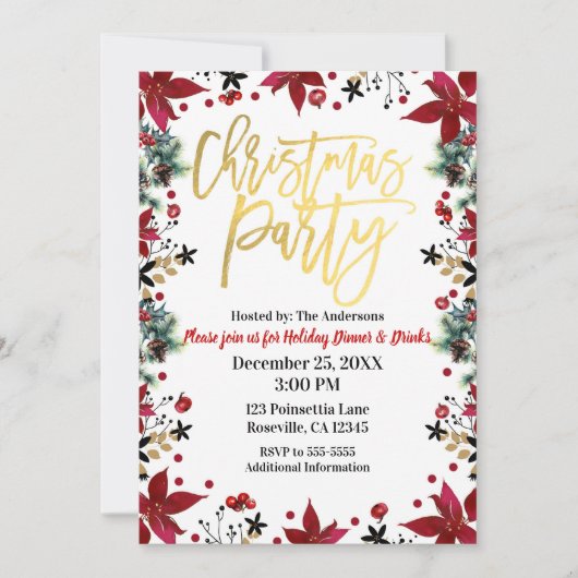 金ゴールドクリスマスパーティーポインセティアホリデイフローラ 招待状 (正面)
