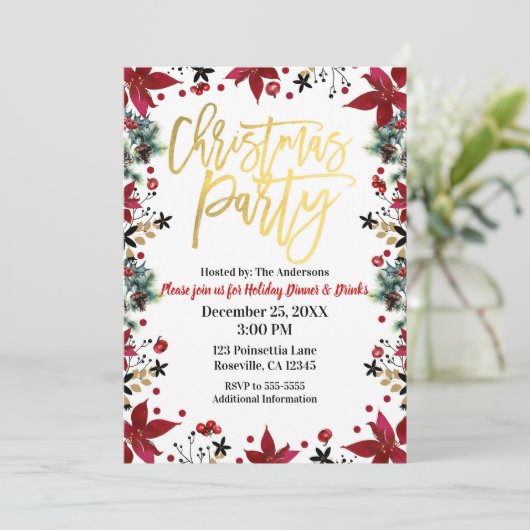 金ゴールドクリスマスパーティーポインセティアホリデイフローラ 招待状 (スタンド正面)