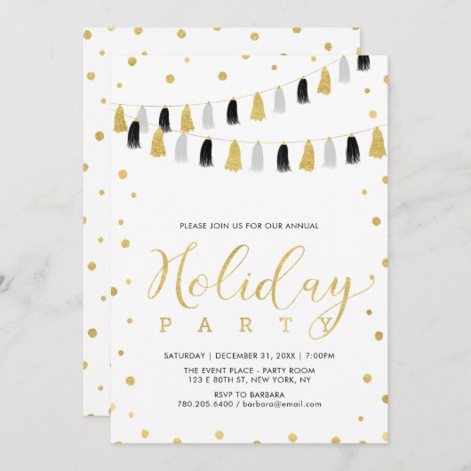 金ゴールドクリスマスパーティー企業のホリデーパーティー 招待状 (正面/裏面)