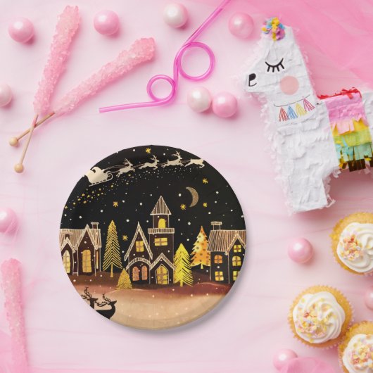 金ゴールドクリスマスビレッジディアウィンターナイト ペーパープレート (パーティー)