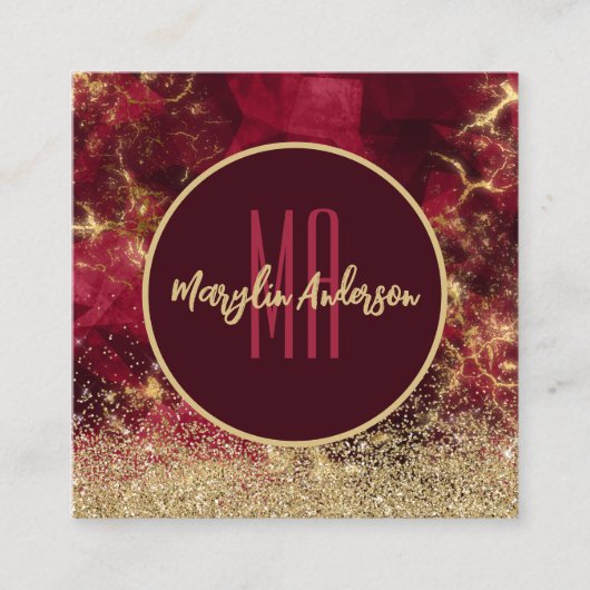 金ゴールドクリスマスファイアオパールグリッターモノグラム スクエア名刺 (正面)