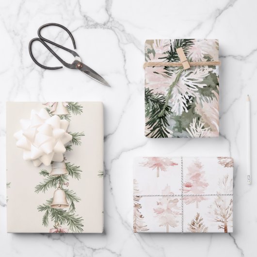 金ゴールドクリスマスベルズピンク ラッピングペーパーシート (正面)