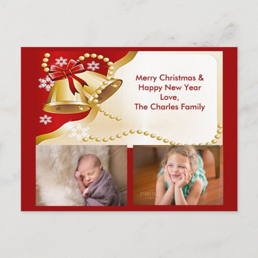金ゴールドクリスマスベル、ビーズ、雪片はがき シーズンポストカード (正面)