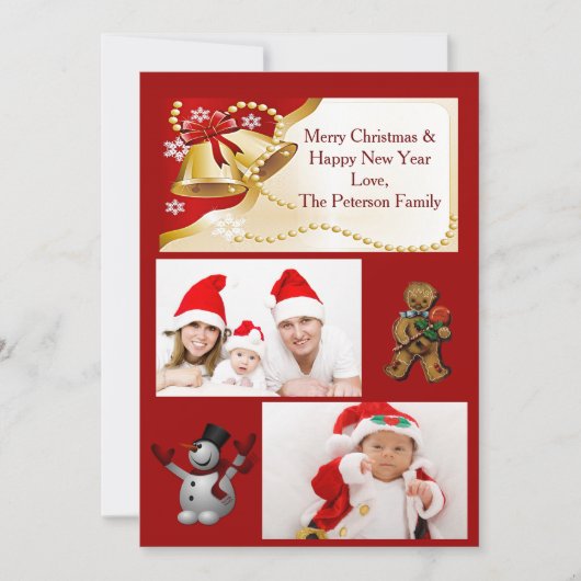 金ゴールドクリスマスベル、ビーズ、雪片フラットカード シーズンカード (正面)