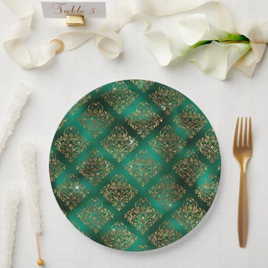 金ゴールドクリスマスホリデーメタリックダマスクエレガント ペーパープレート (ウェディング)
