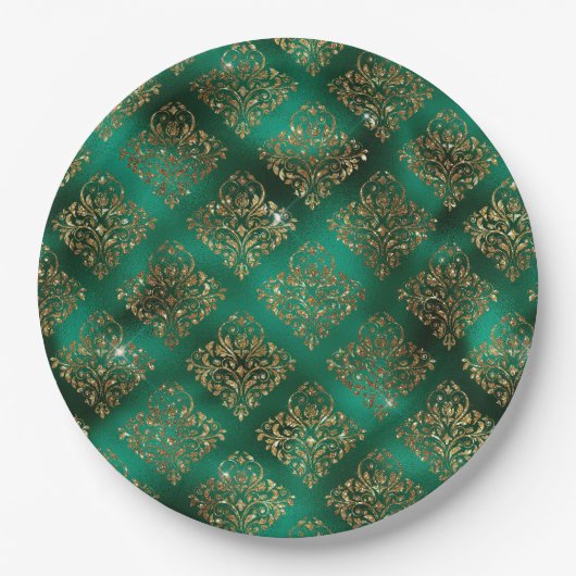 金ゴールドクリスマスホリデーメタリックダマスクエレガント ペーパープレート (正面)