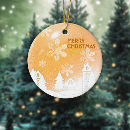 金ゴールドクリスマスホワイトスノーハウスハッピーニューイヤー セラミックオーナメント