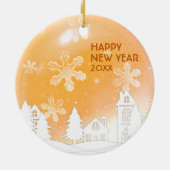 金ゴールドクリスマスホワイトスノーハウスハッピーニューイヤー セラミックオーナメント (裏面)