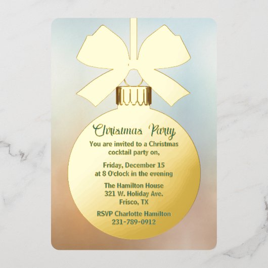 金ゴールドクリスマスボールオーナメントホリデイ 箔招待状 (正面)