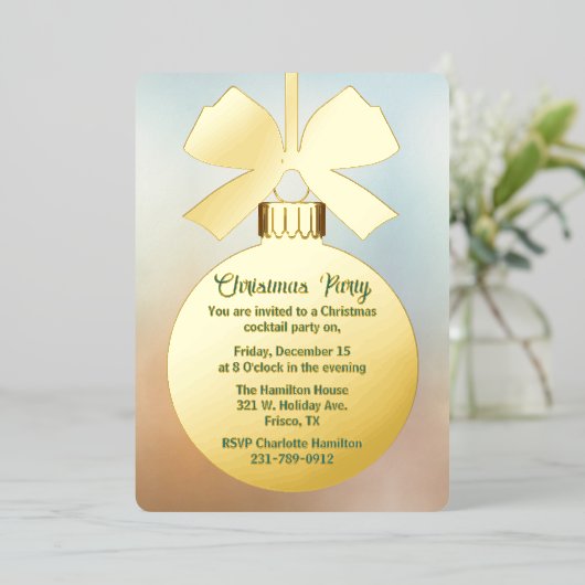 金ゴールドクリスマスボールオーナメントホリデイ 箔招待状 (立ち正面)
