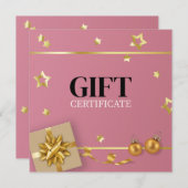 金ゴールドクリスマスボールスターリボンピンクギフトカード (正面/裏面)