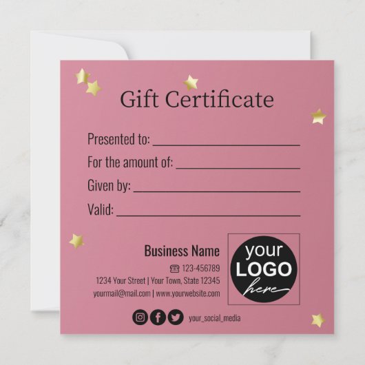 金ゴールドクリスマスボールスターリボンピンクギフトカード (裏面)