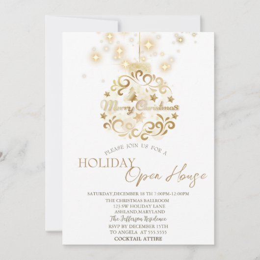 金ゴールドクリスマスボールスパークルホリデーオープンハウス 招待状 (正面)