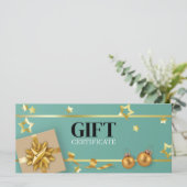 金ゴールドクリスマスボールティール（緑がかった色）スターズリボンギフトカード (スタンド正面)