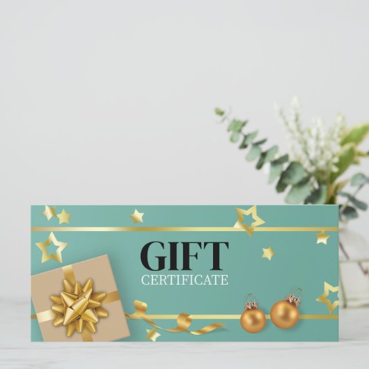 金ゴールドクリスマスボールティール（緑がかった色）スターズリボンギフトカード (スタンド正面)