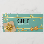 金ゴールドクリスマスボールティール（緑がかった色）スターズリボンギフトカード (正面/裏面)