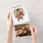 金ゴールドクリスマスリースハッピーホリデーズスクリプトフォト オールインワン招待状 (貼ってはがせる)