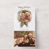 金ゴールドクリスマスリースハッピーホリデーズスクリプトフォト オールインワン招待状 (内側)