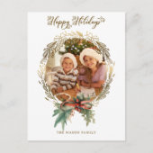 金ゴールドクリスマスリースハッピーホリデーズスクリプトフォト シーズンポストカード (正面)